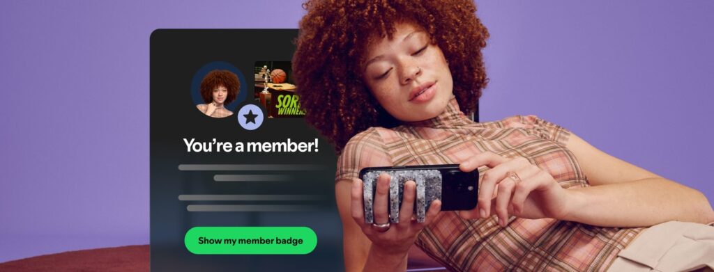 Spotify podcast Memberships interface shown beside a person wearing headphones