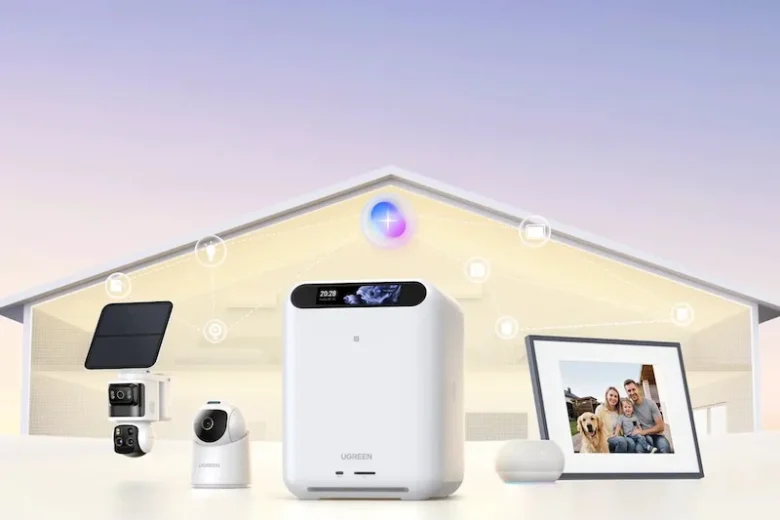 UGREEN HomeAgent HA100 local AI hub surrounded by compatible smart-home cameras, speaker and displays