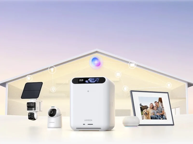 UGREEN HomeAgent HA100 local AI hub surrounded by compatible smart-home cameras, speaker and displays